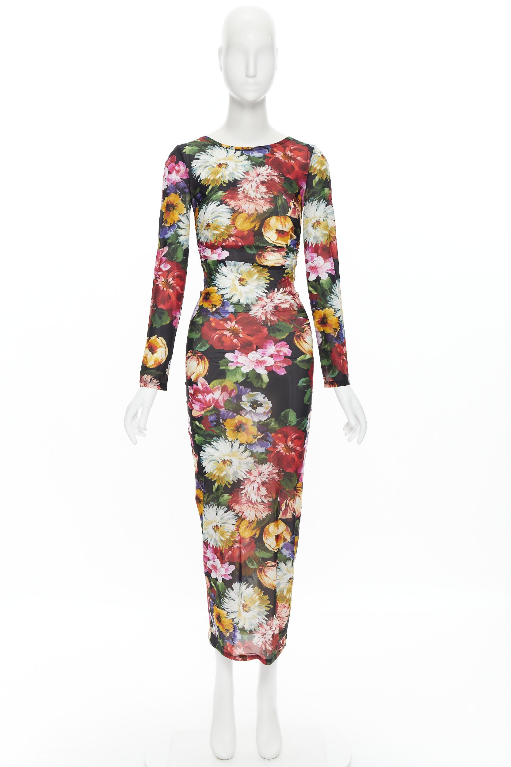 DOLCE GABBANA floral print long sleeve ruched waist midi dress IT38 XS 1