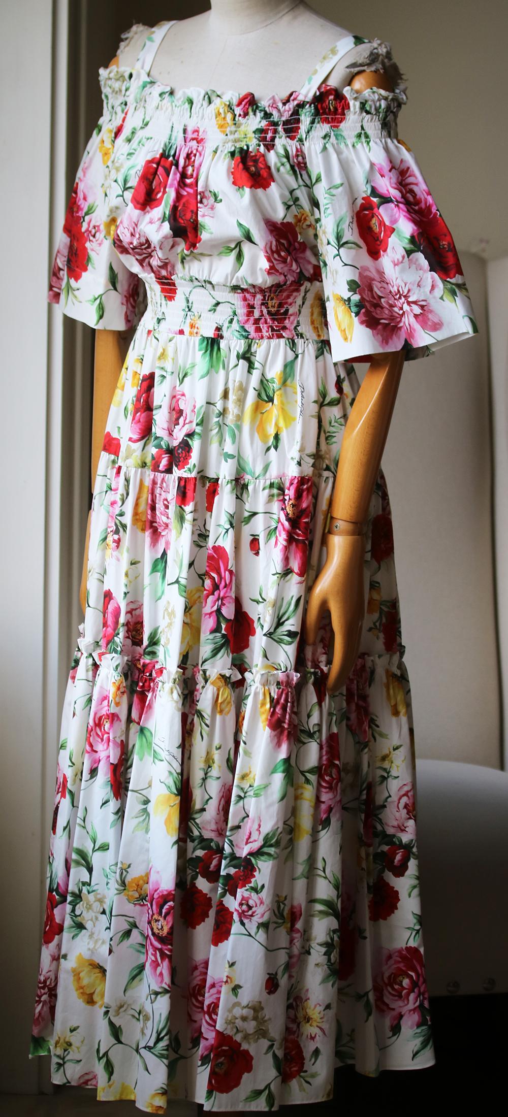 Beige Dolce & Gabbana Floral-Print Off-The-Shoulder Dress 