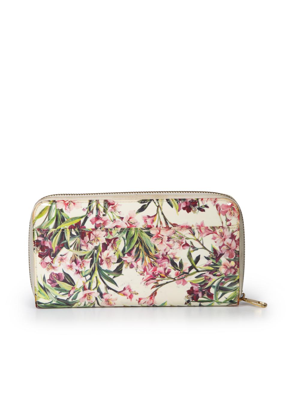 Beige Dolce & Gabbana Floral Print Patent Zip Wallet