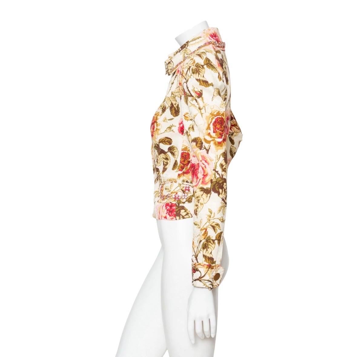 Beige Dolce & Gabbana Floral Print Rhinestone Collared Jacket For Sale