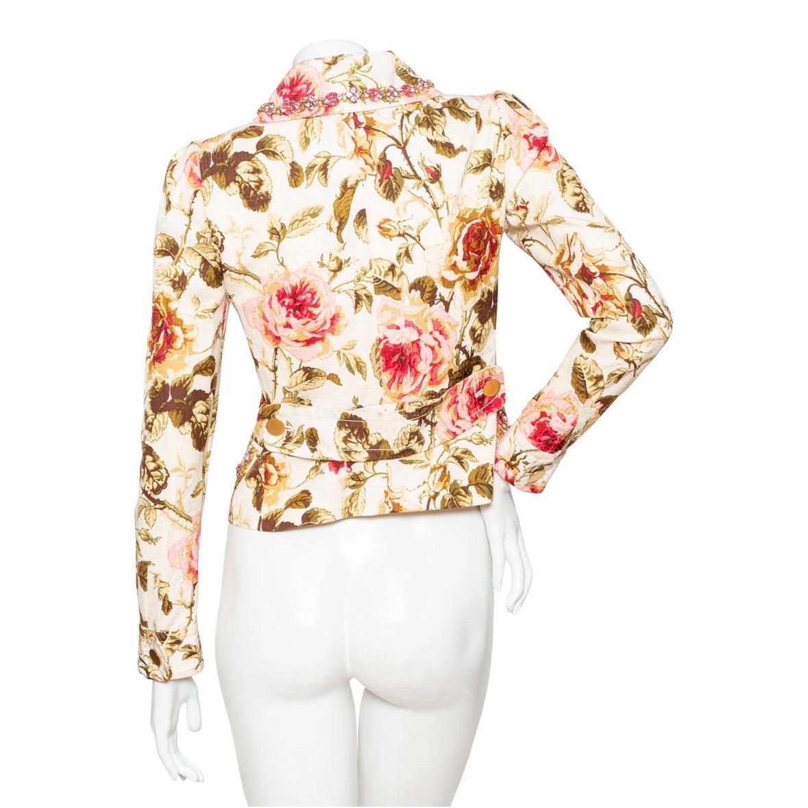 Dolce & Gabbana Floral Print Rhinestone Collared Jacket In Good Condition For Sale In Los Angeles, CA