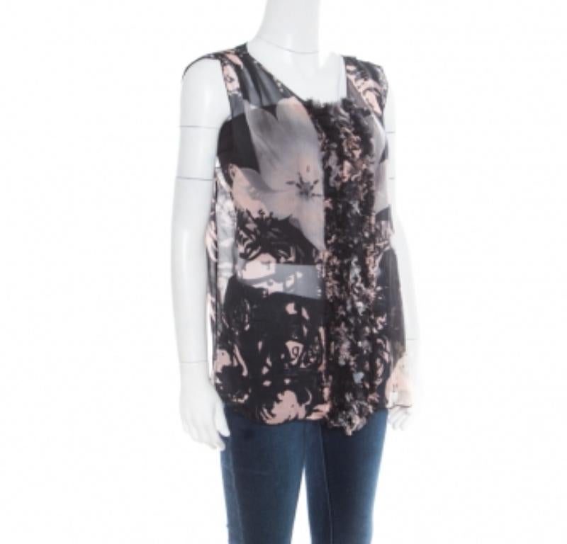 Donna Dolce & Gabbana - Top senza maniche in seta trasparente con stampa floreale e dettaglio applique - M. I. in vendita