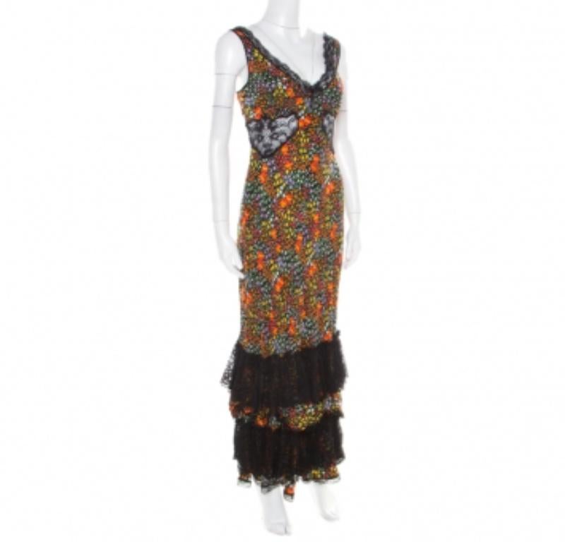 Nero Dolce & Gabbana - Maxi abito senza maniche in seta con stampa floreale e inserto in pizzo trasparente - M. I. in vendita