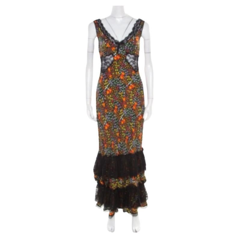 Dolce & Gabbana - Maxi abito senza maniche in seta con stampa floreale e inserto in pizzo trasparente - M. I. in vendita