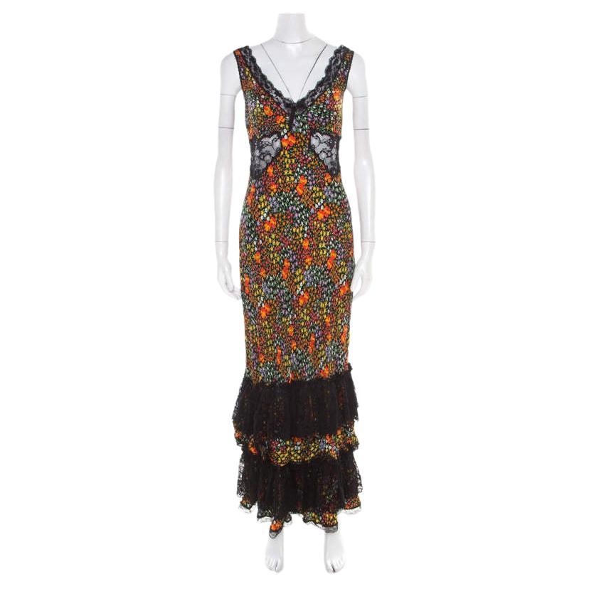 Robe longue sans manches Dolce & Gabbana imprimé floral en soie transparente avec dentelle insérée M en vente