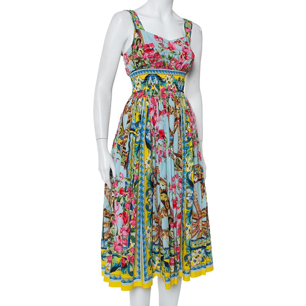 Brown Dolce & Gabbana Floral Print Smocked Waist Sleeveless Cotton Poplin Dress S
