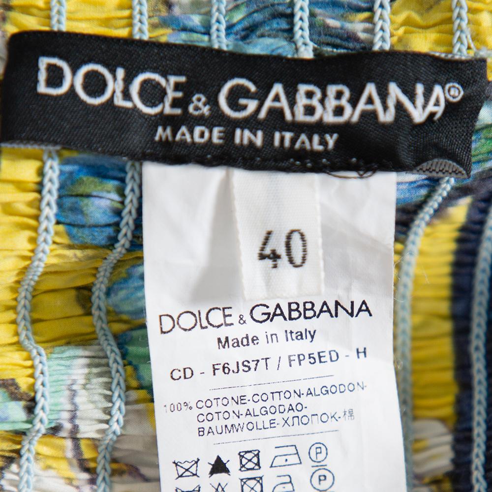 Dolce & Gabbana Floral Print Smocked Waist Sleeveless Cotton Poplin Dress S In Good Condition In Dubai, Al Qouz 2