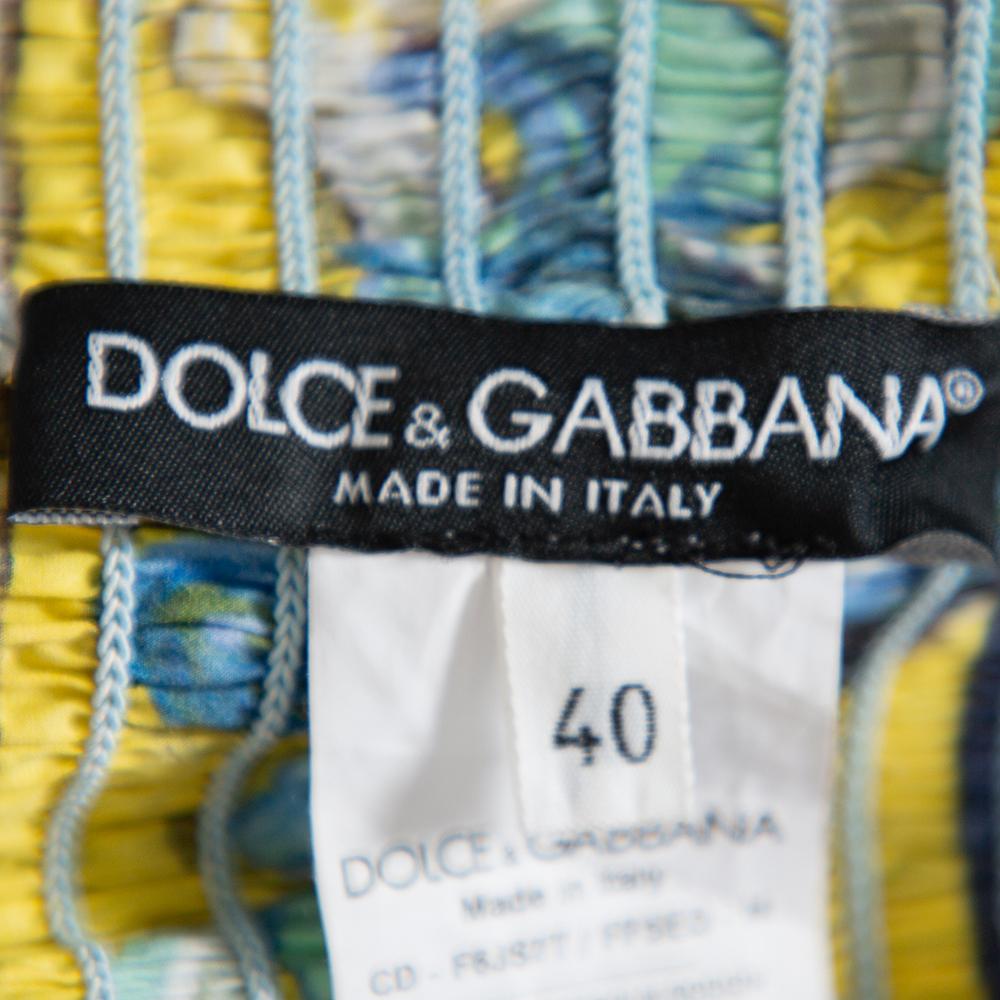 Dolce & Gabbana Floral Print Smocked Waist Sleeveless Cotton Poplin Dress S 1