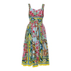 Dolce & Gabbana Floral Print Smocked Waist Sleeveless Cotton Poplin Dress S