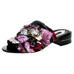 Dolce & Gabbana Floral Printed Fabric Crystal Embellished Bow Open Toe Flat 38