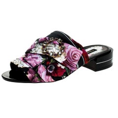 Dolce & Gabbana Floral Printed Fabric Crystal Embellished Bow Open Toe Mules 39