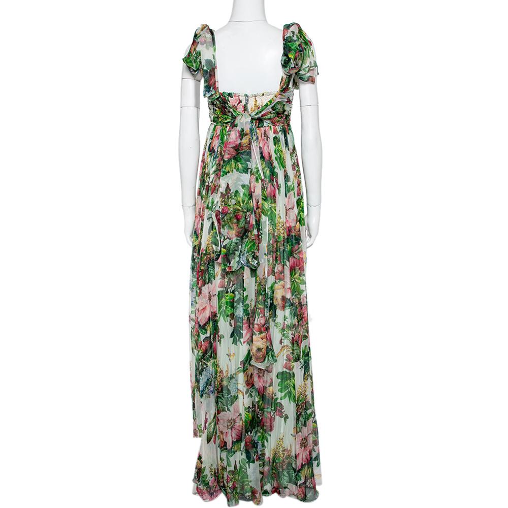 Gray Dolce & Gabbana Floral Printed Silk Waist Tie Detail Sleeveless Long Dress S