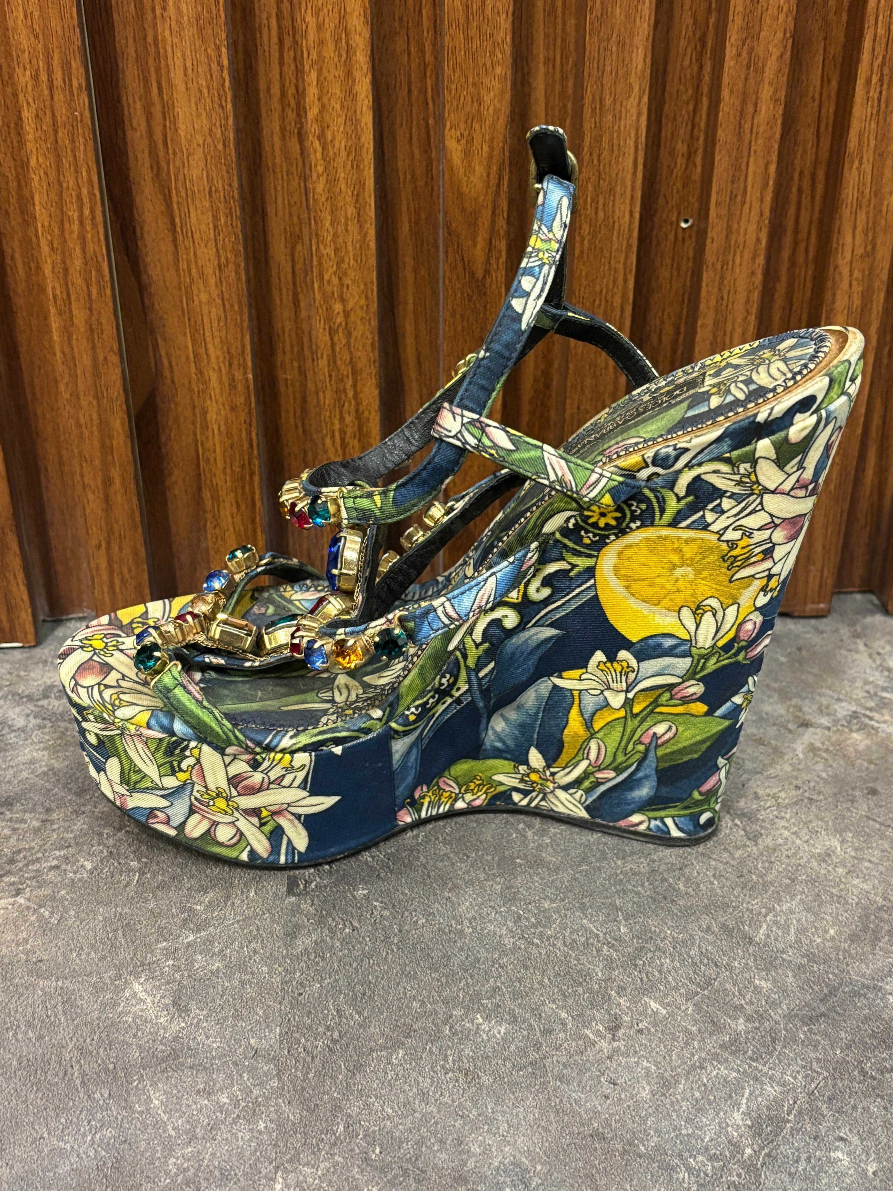 Dolce & Gabbana Floral Satin Crystal Strap Wedges For Sale 5