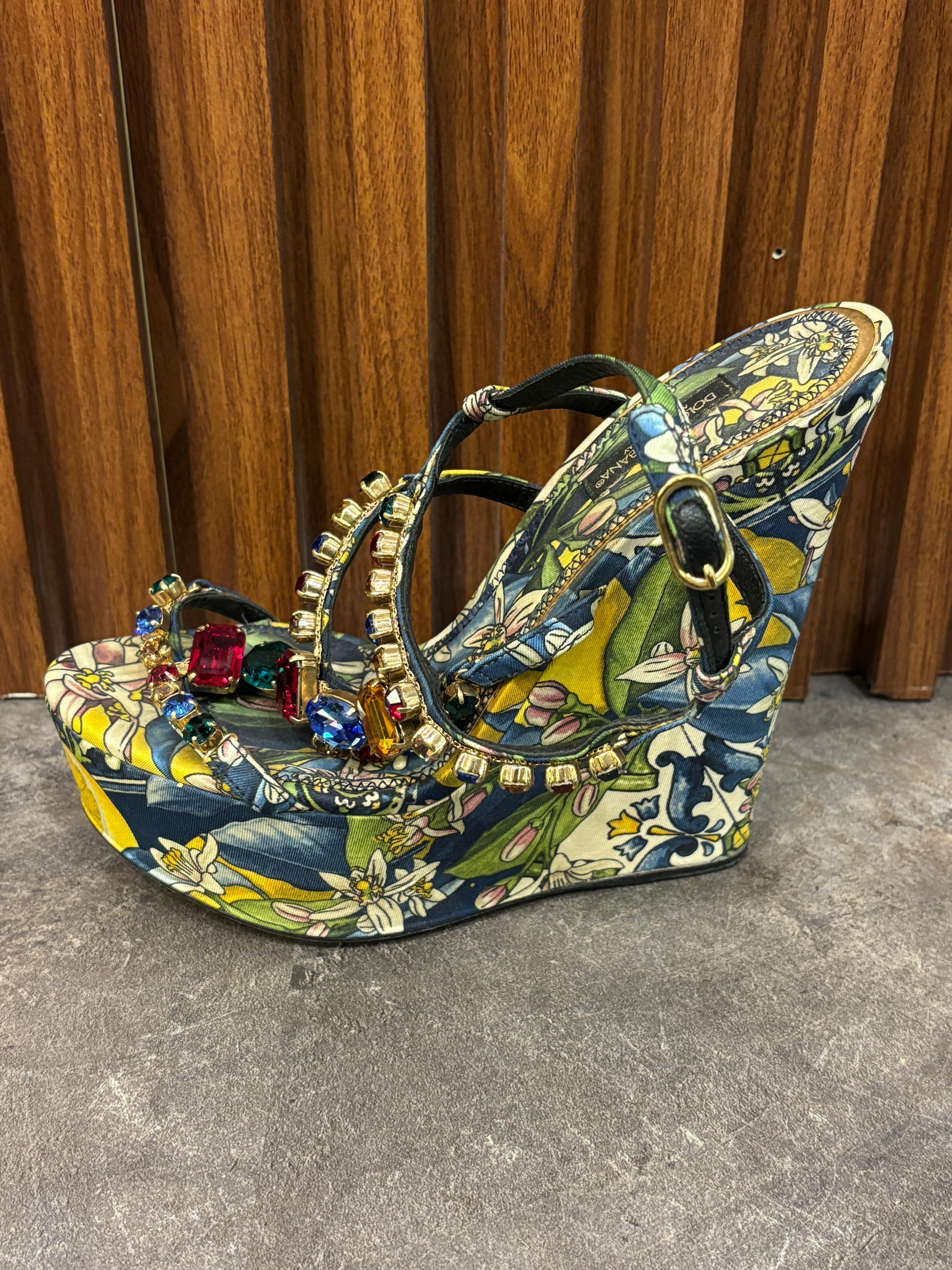 Black Dolce & Gabbana Floral Satin Crystal Strap Wedges For Sale