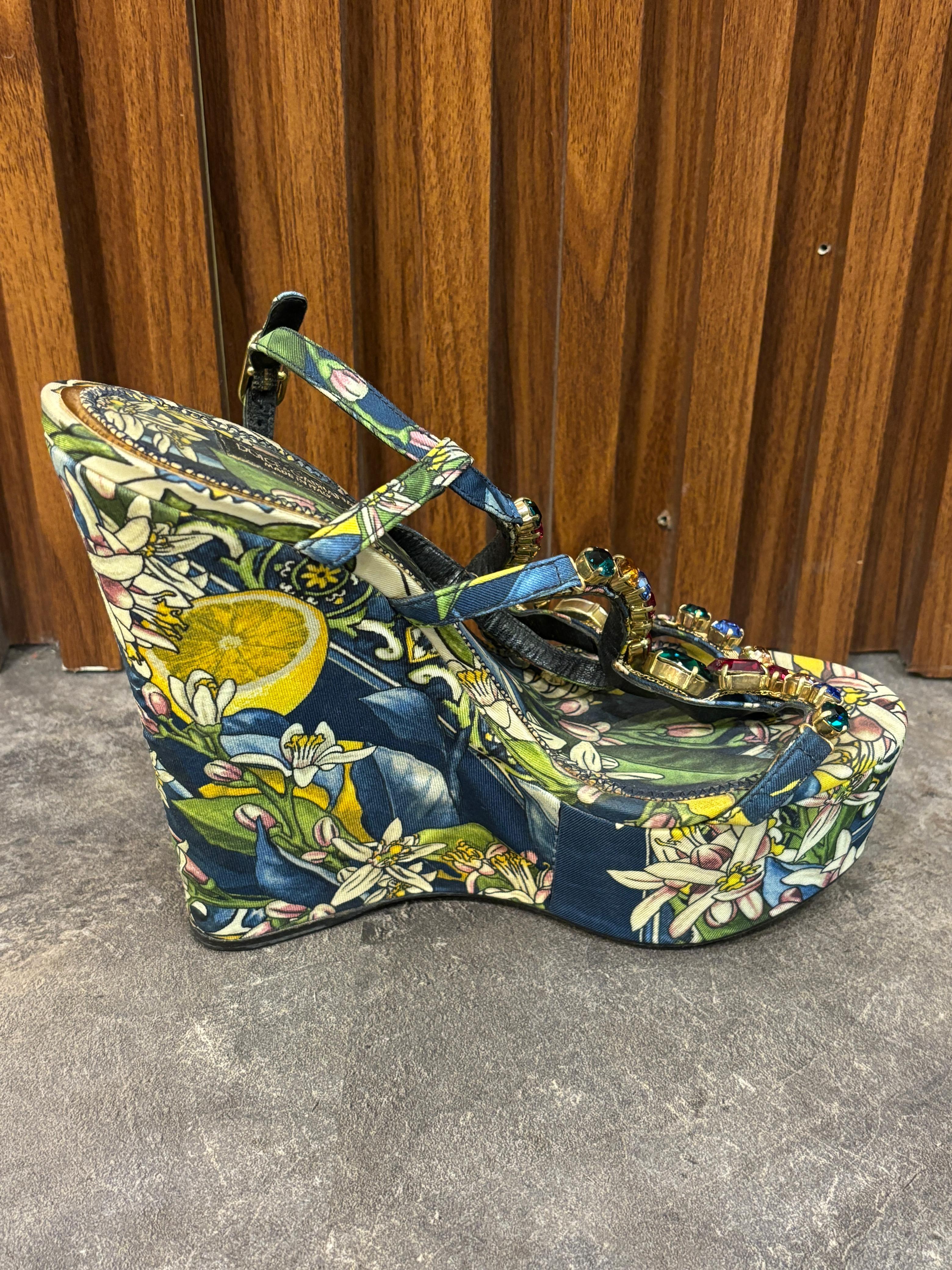 Dolce & Gabbana Floral Satin Crystal Strap Wedges For Sale 1
