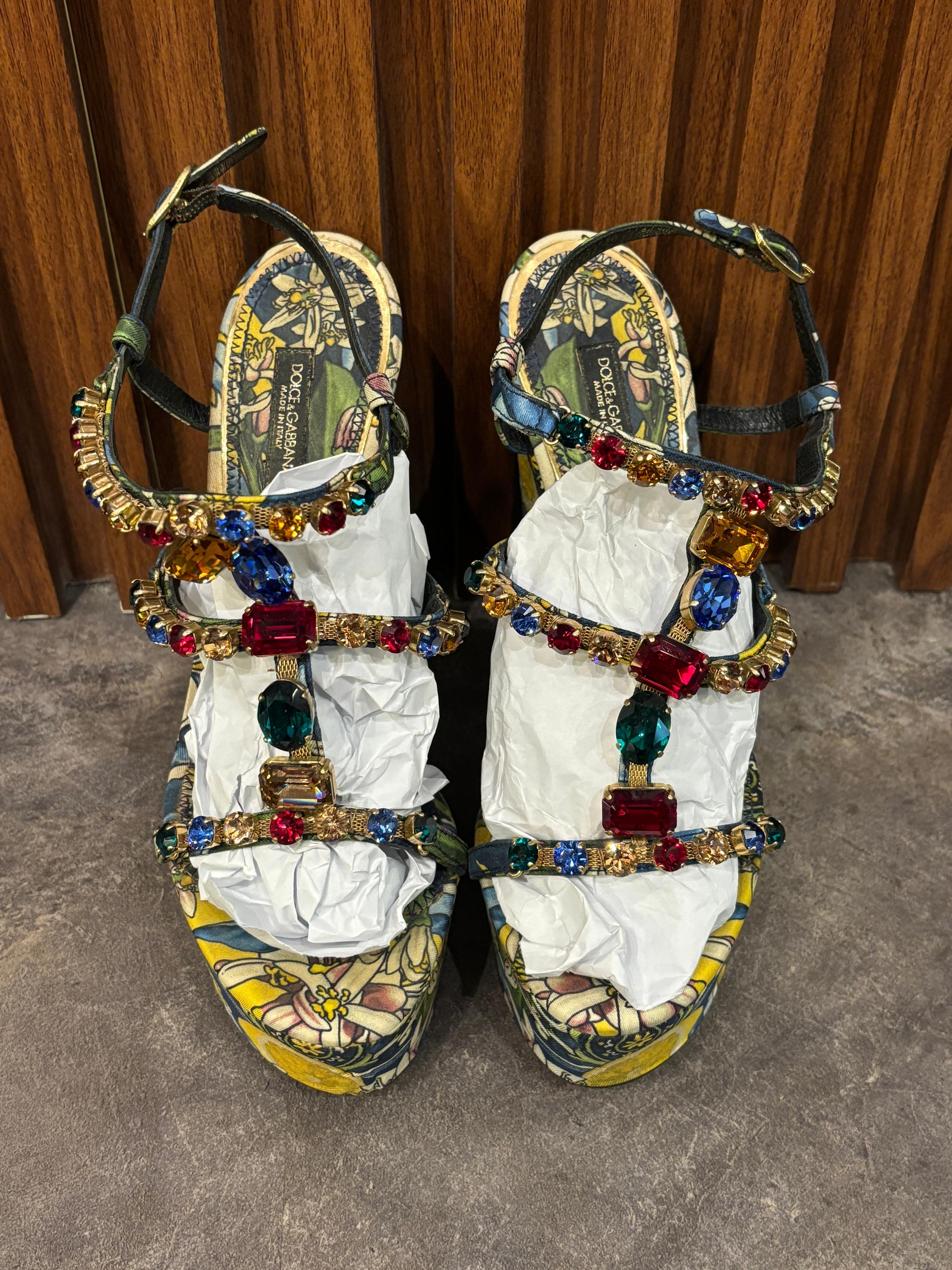 Dolce & Gabbana Floral Satin Crystal Strap Wedges For Sale 2