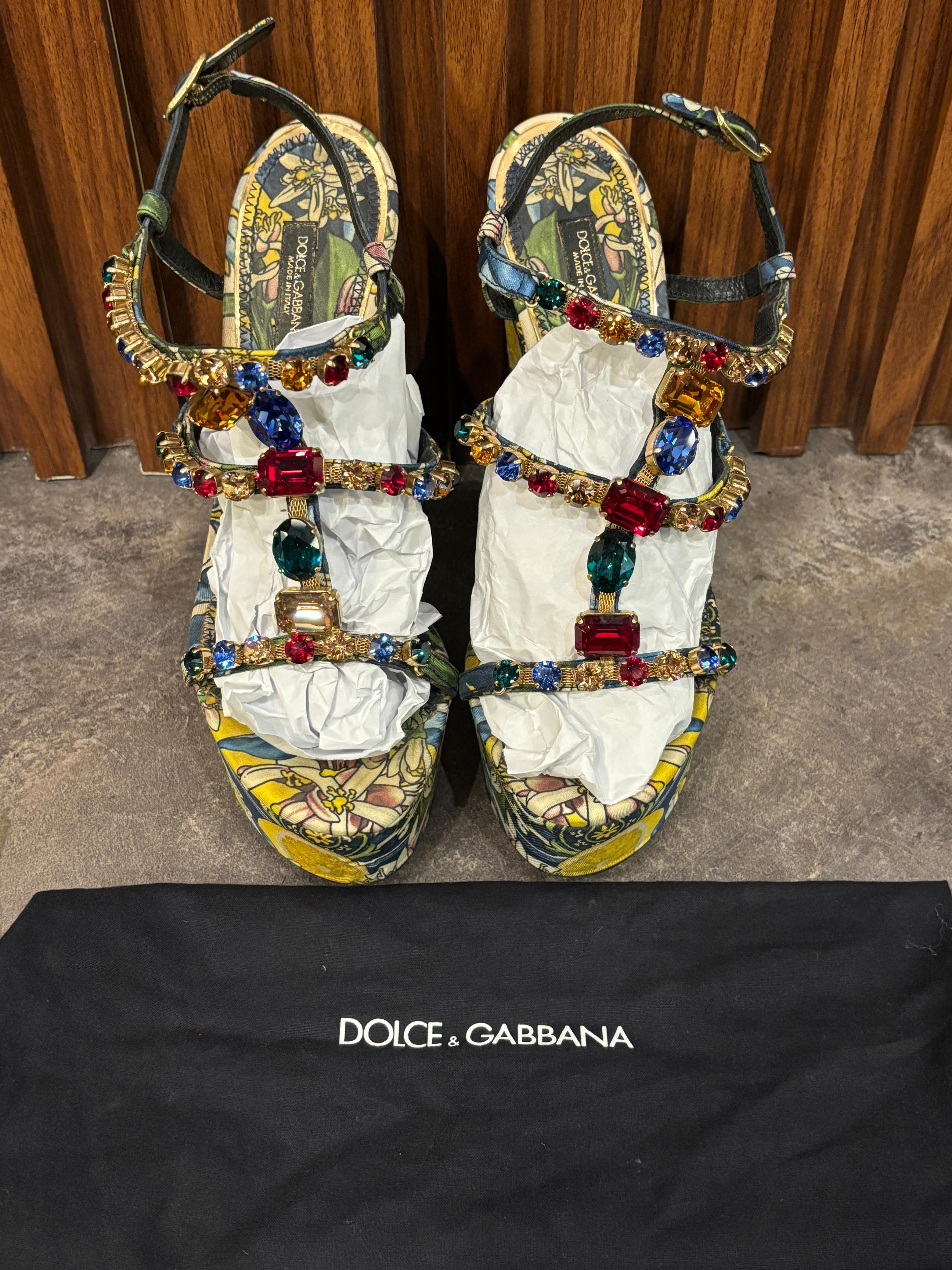 Dolce & Gabbana Floral Satin Crystal Strap Wedges For Sale 3