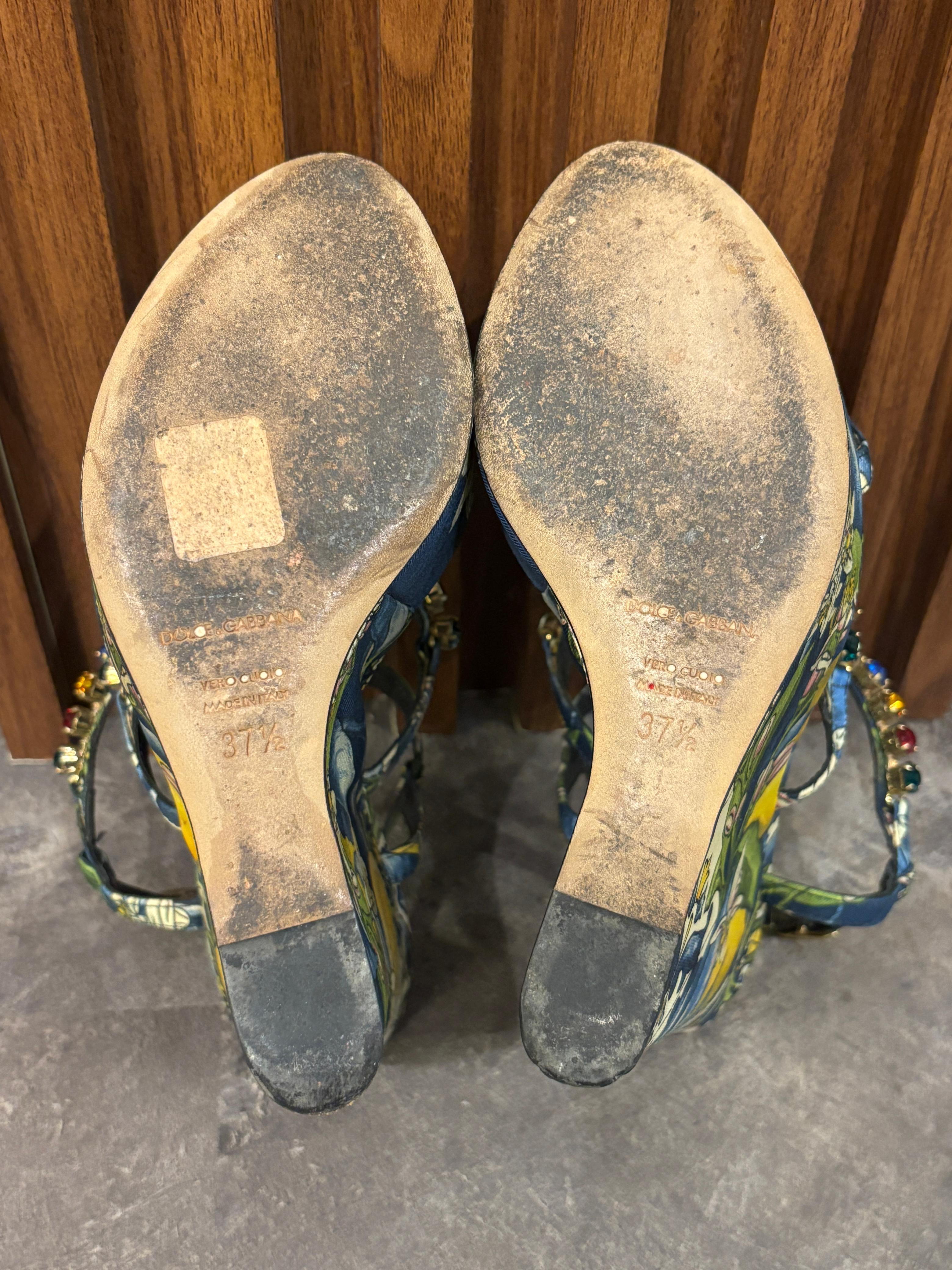 Dolce & Gabbana Floral Satin Crystal Strap Wedges For Sale 4