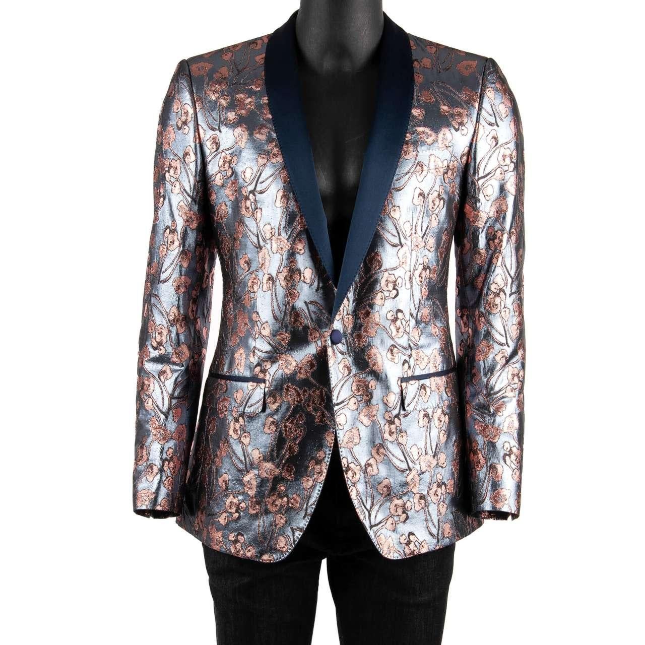 Dolce & Gabbana Floral Shiny Lurex Tuxedo Blazer MARTINI Blue Pink 44 In Excellent Condition For Sale In Erkrath, DE