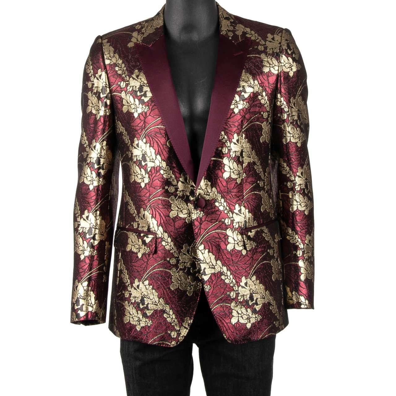 Dolce & Gabbana Floral Shiny Lurex Tuxedo Blazer MARTINI Bordeaux Gold 46 In Excellent Condition For Sale In Erkrath, DE