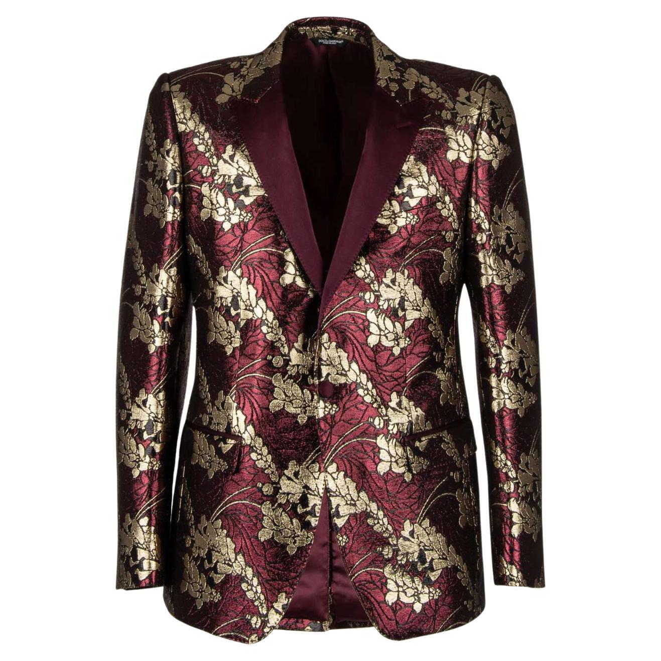 Dolce & Gabbana Floral Shiny Lurex Tuxedo Blazer MARTINI Bordeaux Gold 46 For Sale
