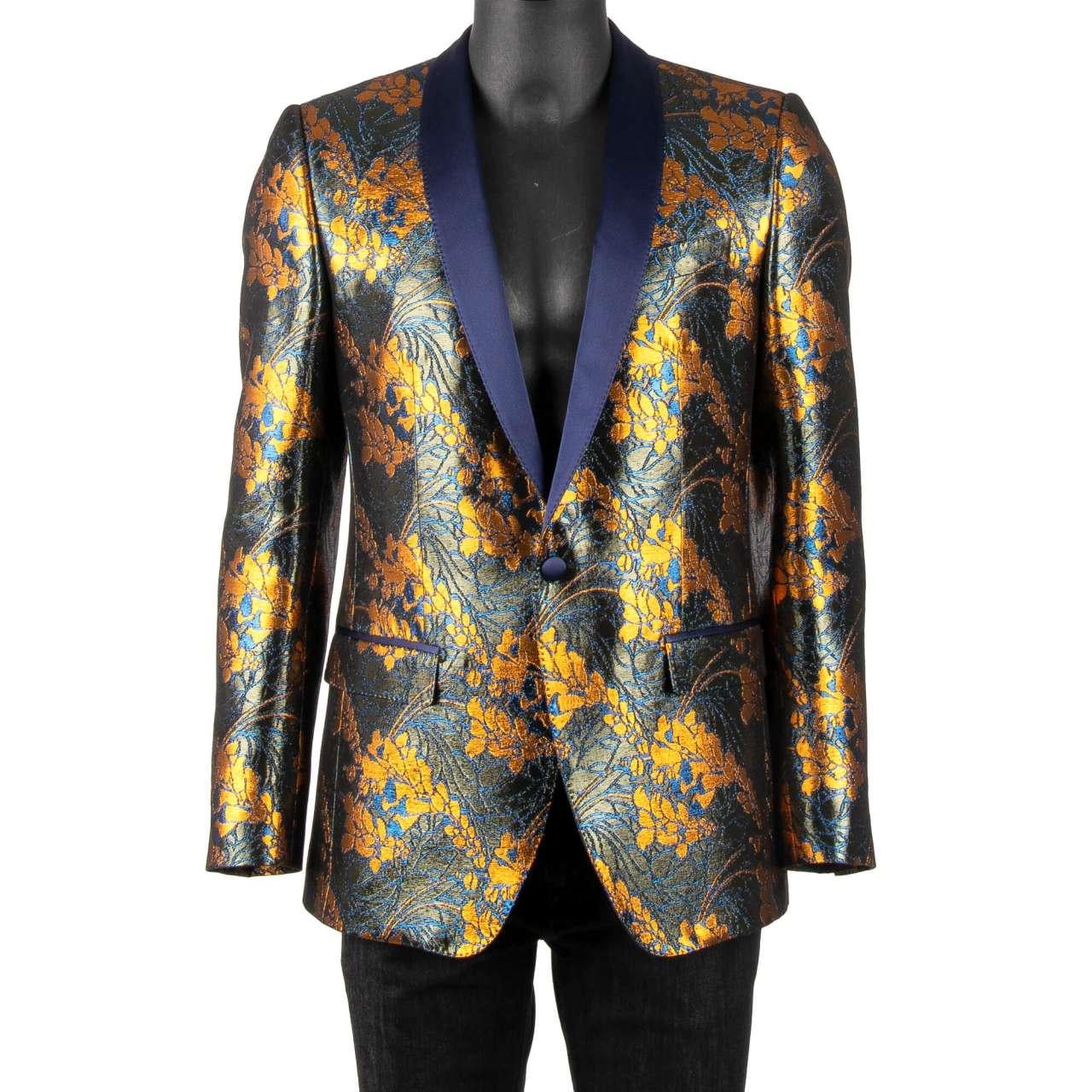Dolce & Gabbana - Floral Shiny Tuxedo Blazer MARTINI Blue Bronze 44 In Excellent Condition For Sale In Erkrath, DE