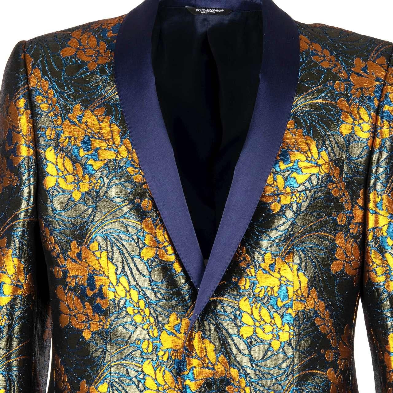 - Floral shiny tuxedo / blazer MARTINI in blue and bronze with a contrast silk blue shawl lapel by DOLCE & GABBANA - Former RRP: EUR 1.950 - Made In Italy - New with Tag - Slim Fit - Model: G2JP9T-FJM37-S8351 - Material: 92% Polyester, 8% Silk -