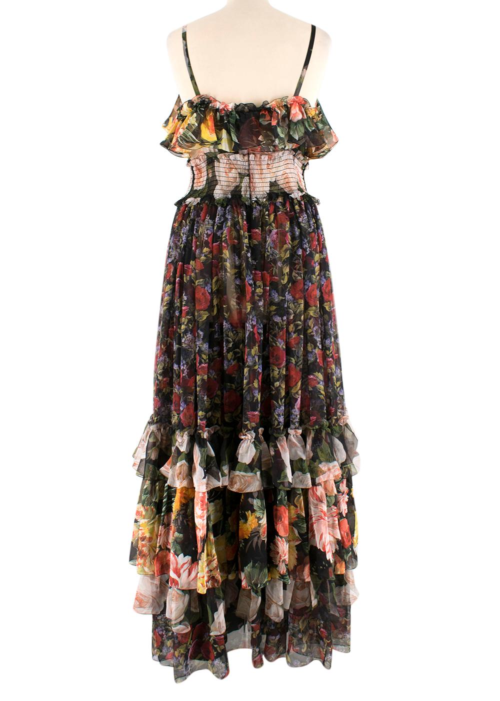 Black Dolce & Gabbana Floral Silk Chiffon Tiered Dress - US8/IT44 For Sale