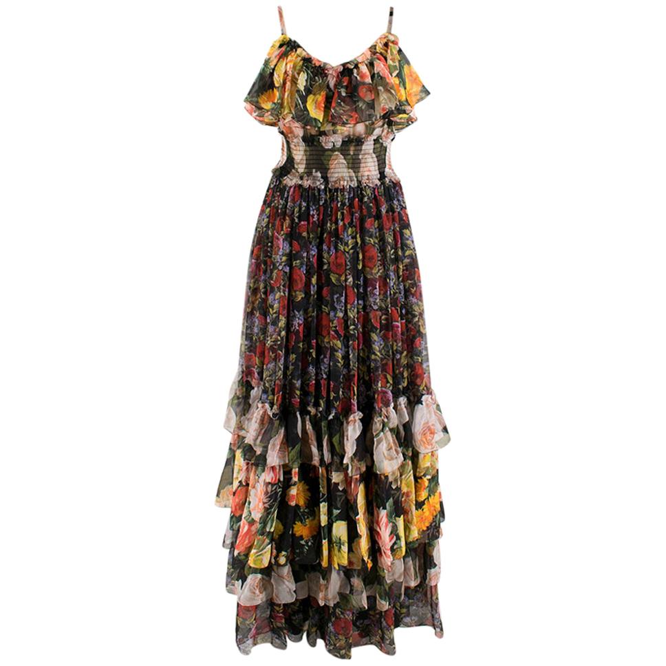 Dolce & Gabbana Floral Silk Chiffon Tiered Dress - US8/IT44 For Sale