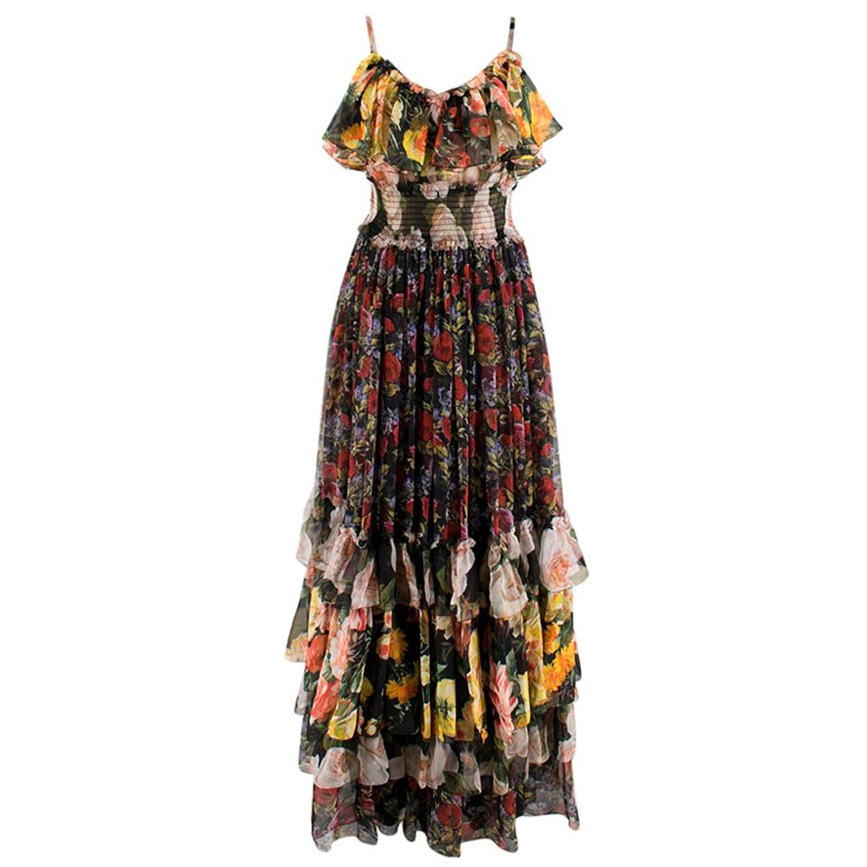 Dolce and Gabbana Floral Silk Chiffon Tiered Dress - US8 / IT44 at 1stDibs