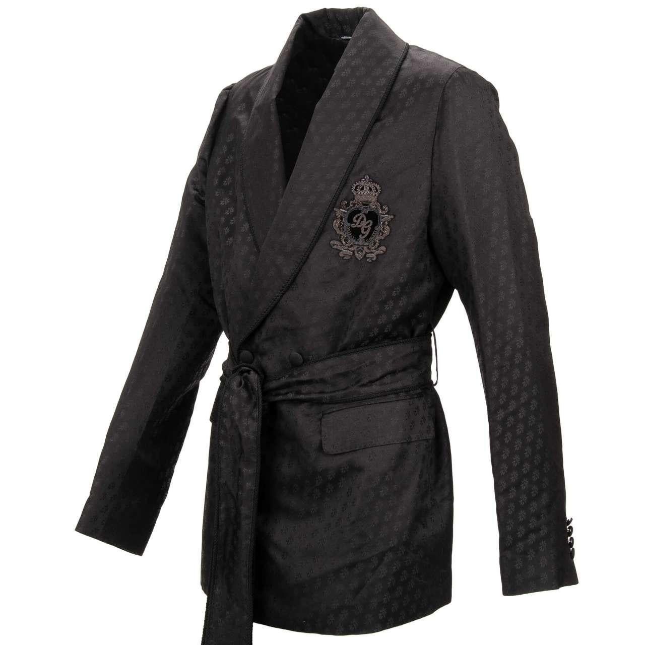 Men's Dolce & Gabbana Floral Silk Jacquard Robe Blazer DG Crown Black 48 38 M For Sale