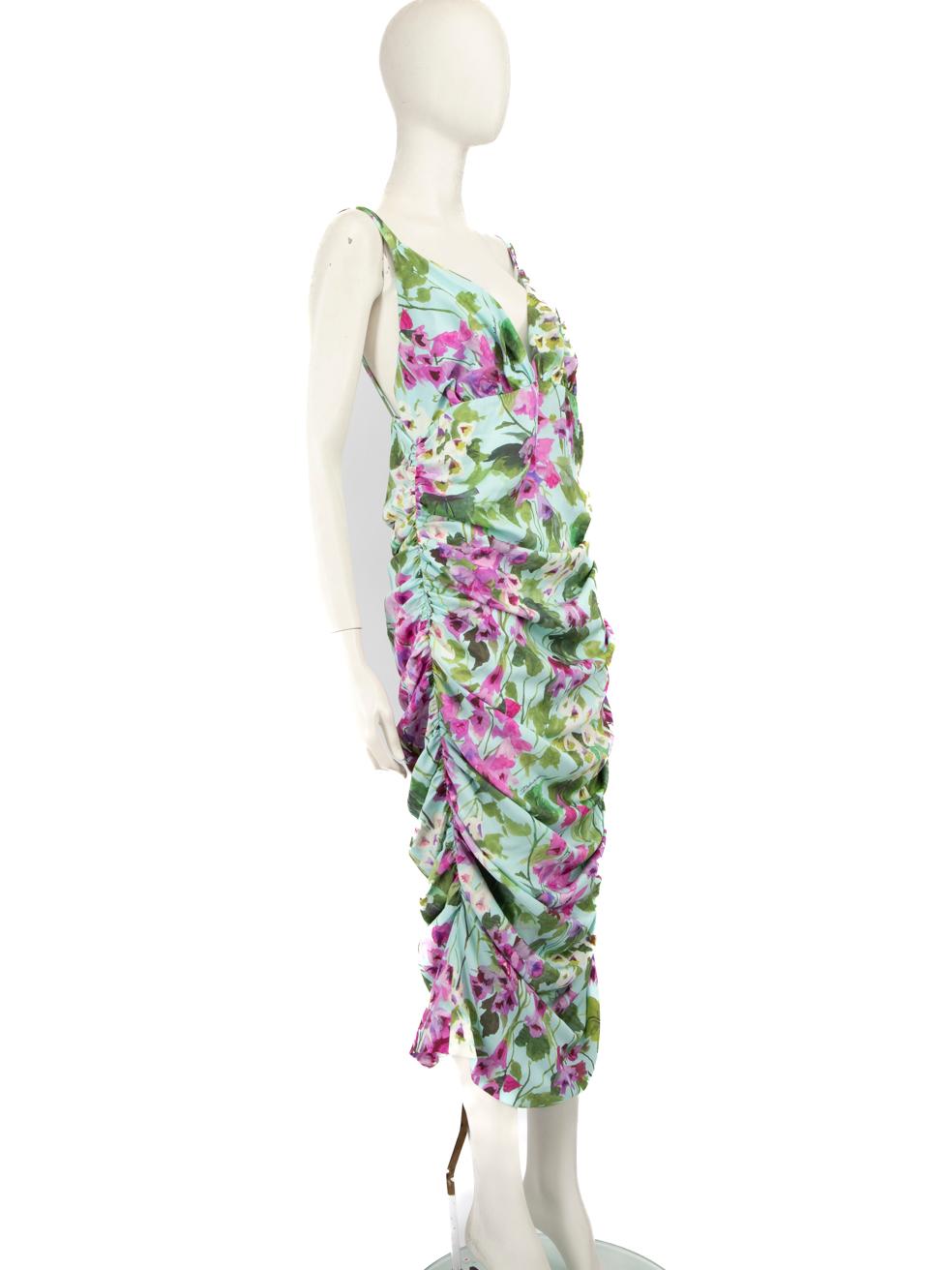 CONDITION is Never worn, with tags. No visible wear to dress is evident on this new Dolce & Gabbana designer resale item.
 
 Details
 
 
 Multicolour
 
 Silk
 
 Dress
 
 Midi
 
 Sleeveless
 
 Floral pattern
 
 Stretchy
 
 Ruched detail
 
 V neck
 

