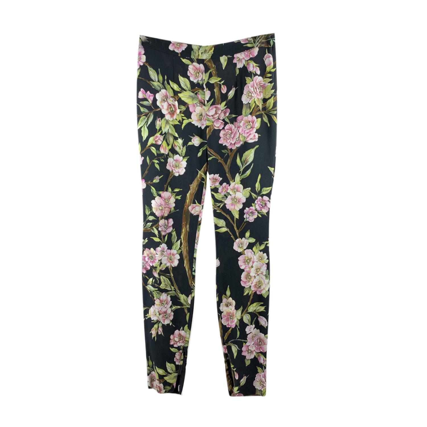 Black Dolce & Gabbana Floral Silky Fabric Pants with Zip Size S For Sale