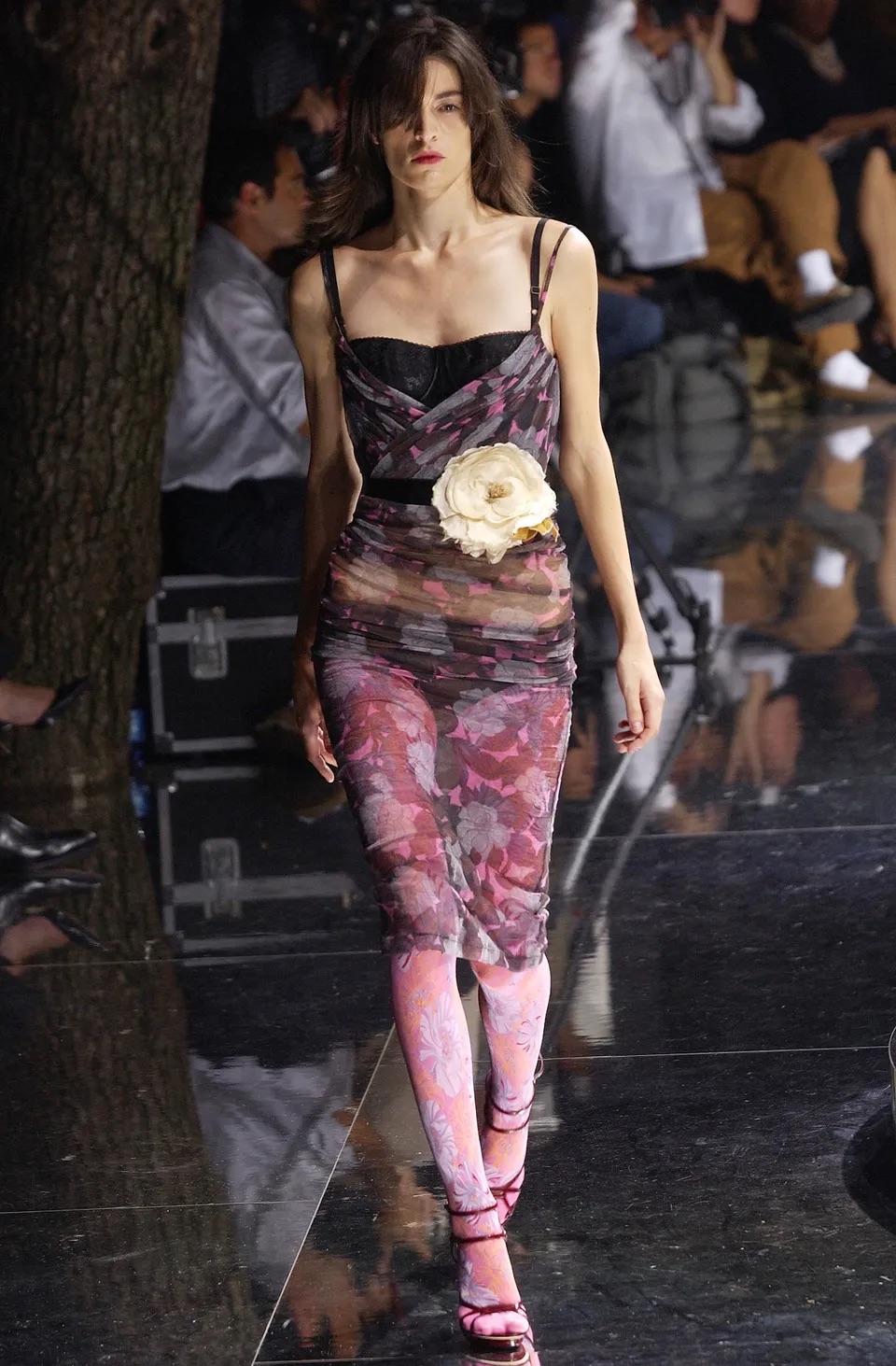 Black Dolce & Gabbana Floral Tulle Dress w Corsage, SS 2004