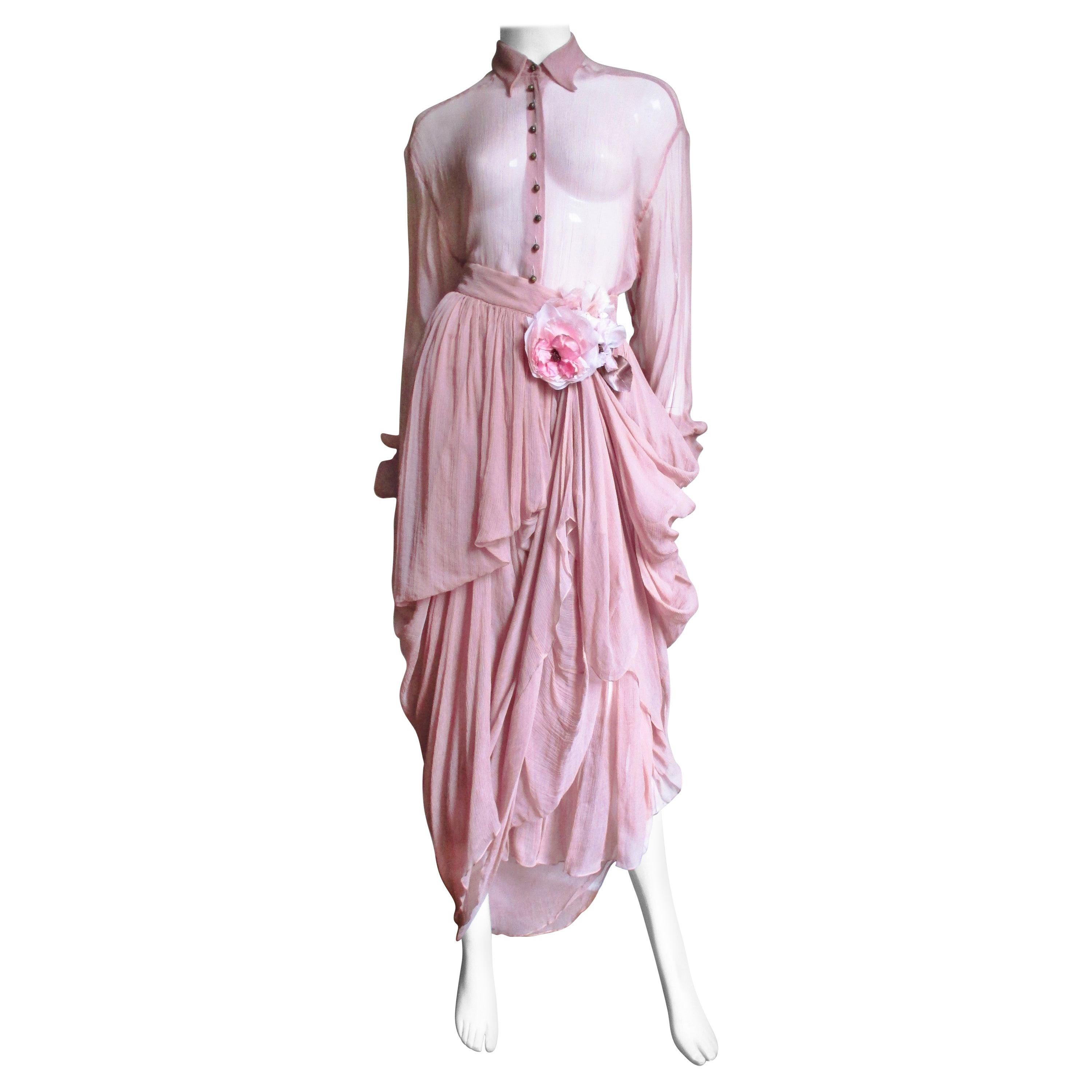 Dolce & Gabbana Flower Applique Silk Drape Skirt and Shirt 