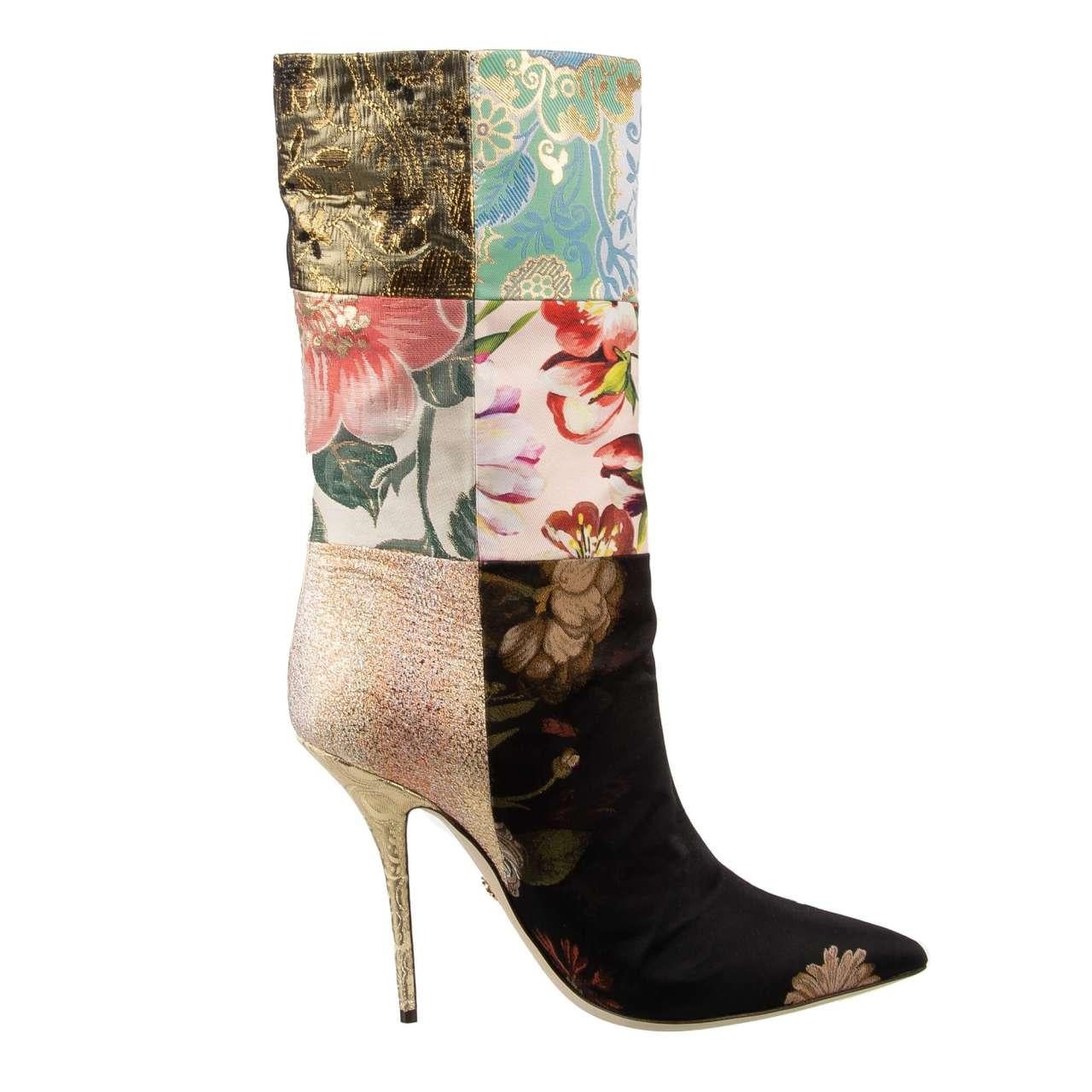- Pointed floral brocade patchwork Boots CARDINALE in gold and pink by DOLCE & GABBANA - New with Box - MADE IN ITALY - Model: CT0735-AO657-80995 - Material: 64% Polyester, 22% Silk, 12% Lurex, 2% Nylon - Inner Material: Leather - Sole: Leather -