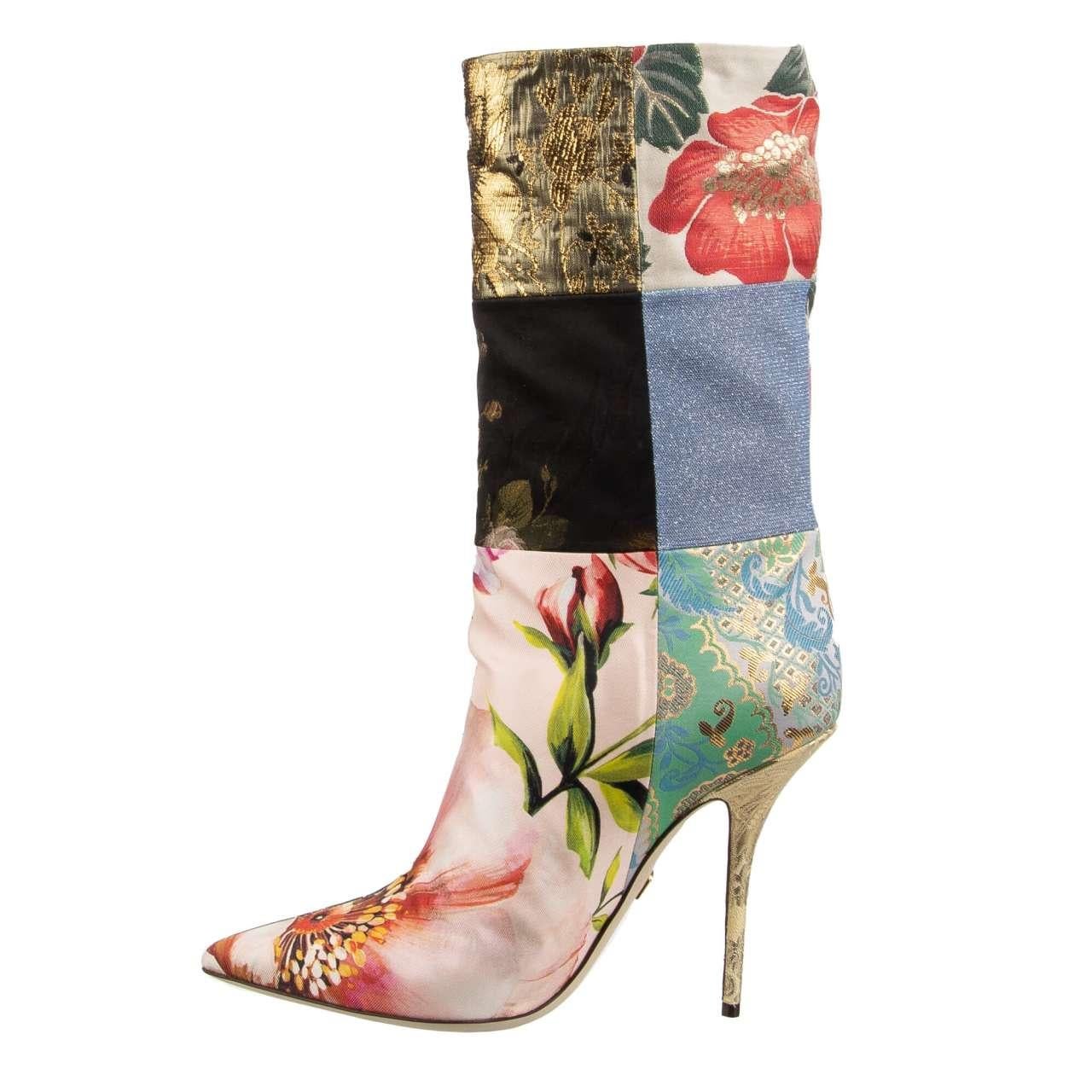 Dolce & Gabbana Flower Brocade Patchwork Boots CARDINALE Gold Pink 40.5 10.5 In Excellent Condition For Sale In Erkrath, DE