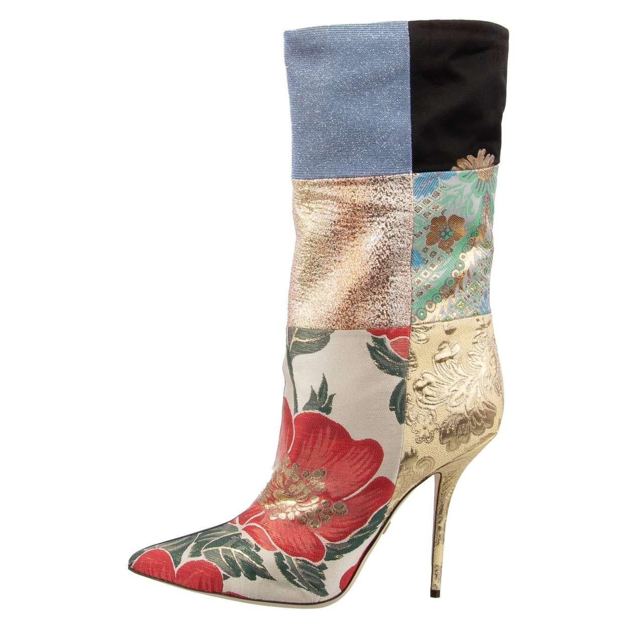 Women's Dolce & Gabbana Flower Brocade Patchwork Boots CARDINALE Gold Pink 40.5 10.5 For Sale