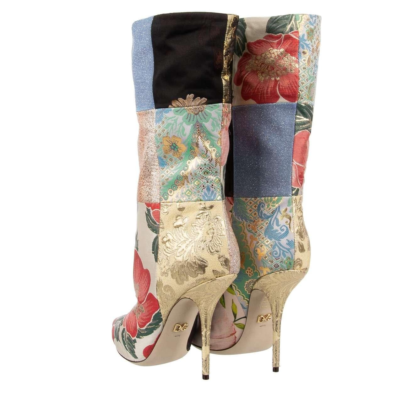 Dolce & Gabbana Flower Brocade Patchwork Boots CARDINALE Gold Pink 40.5 10.5 For Sale 1