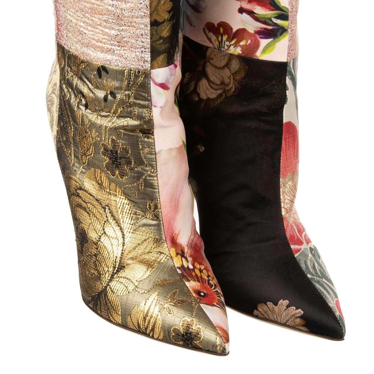 Dolce & Gabbana Flower Brocade Patchwork Boots CARDINALE Gold Pink 40.5 10.5 For Sale 2