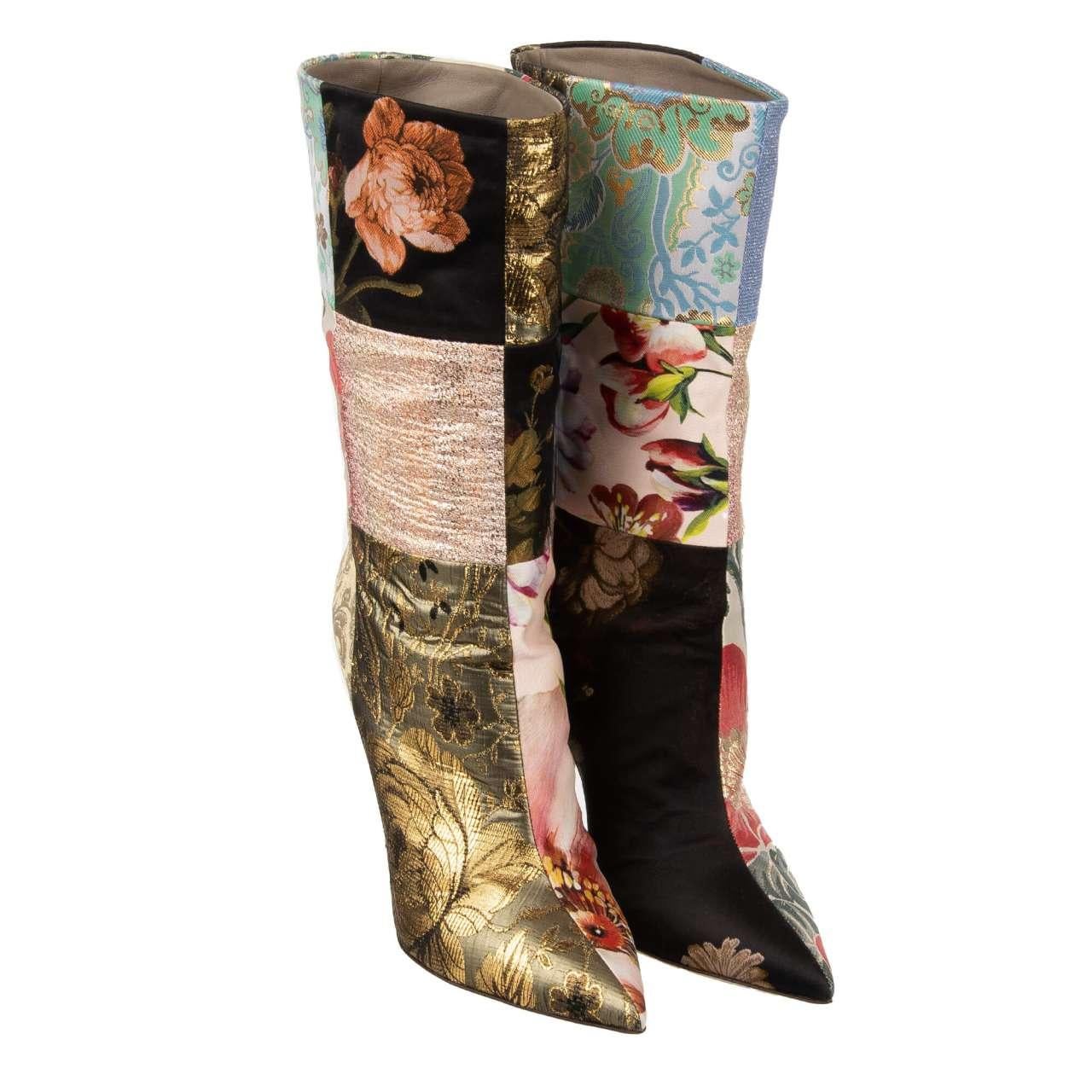 Dolce & Gabbana Flower Brocade Patchwork Boots CARDINALE Gold Pink 40.5 10.5 For Sale 3