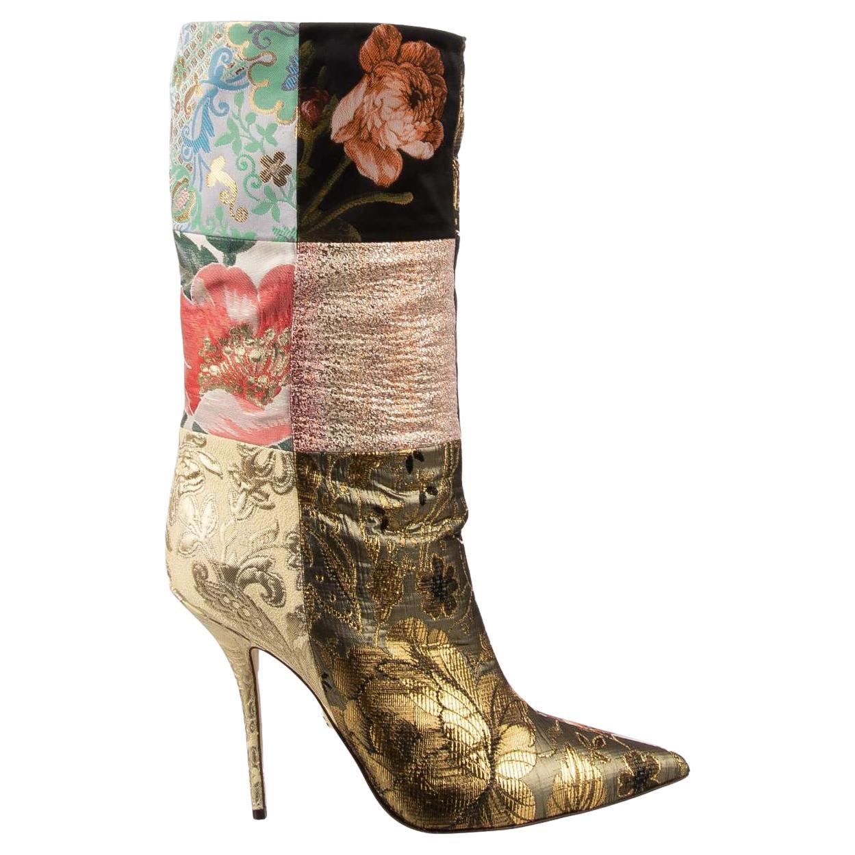 Dolce & Gabbana Flower Brocade Patchwork Boots CARDINALE Gold Pink 40.5 10.5 For Sale
