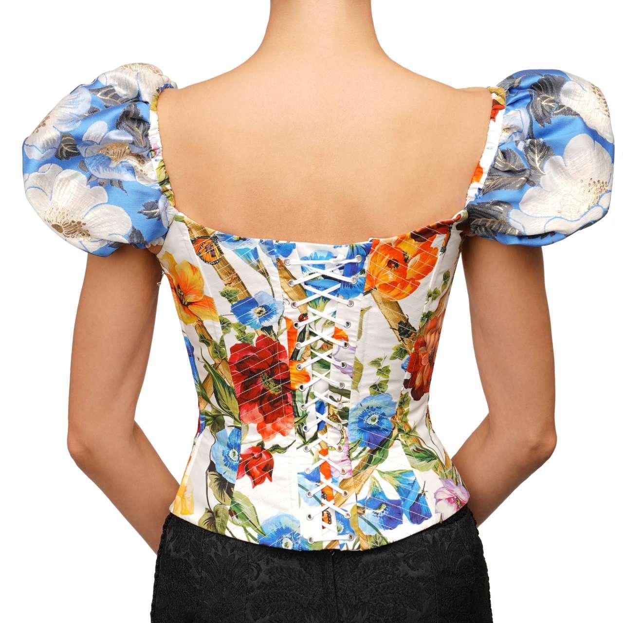 Dolce & Gabbana Flower Jacquard Cotton Corsage Top White Orange Blue IT 42 In Excellent Condition For Sale In Erkrath, DE