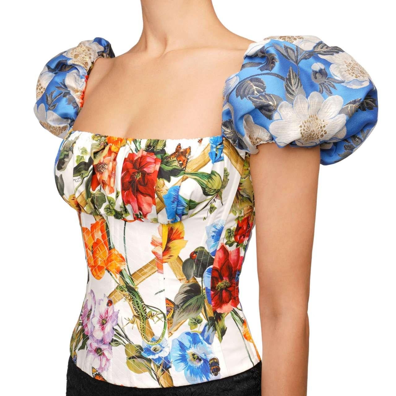 Women's Dolce & Gabbana Flower Jacquard Cotton Corsage Top White Orange Blue IT 42 For Sale