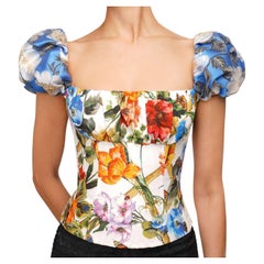 Dolce & Gabbana Flower Jacquard Cotton Corsage Top White Orange Blue IT 42