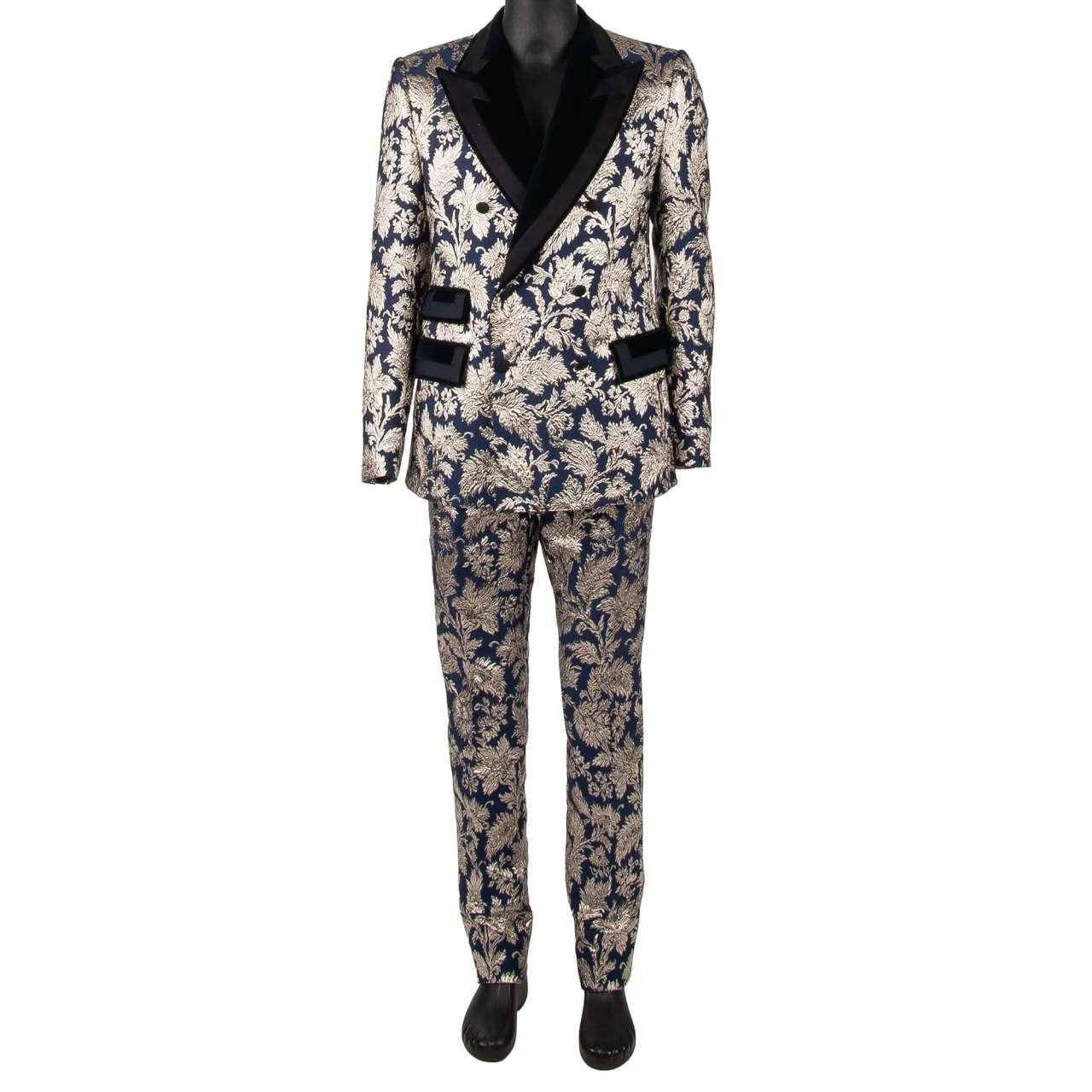 Dolce & Gabbana - Flower Jacquard Double breasted Suit Silver Blue 48 For Sale 1