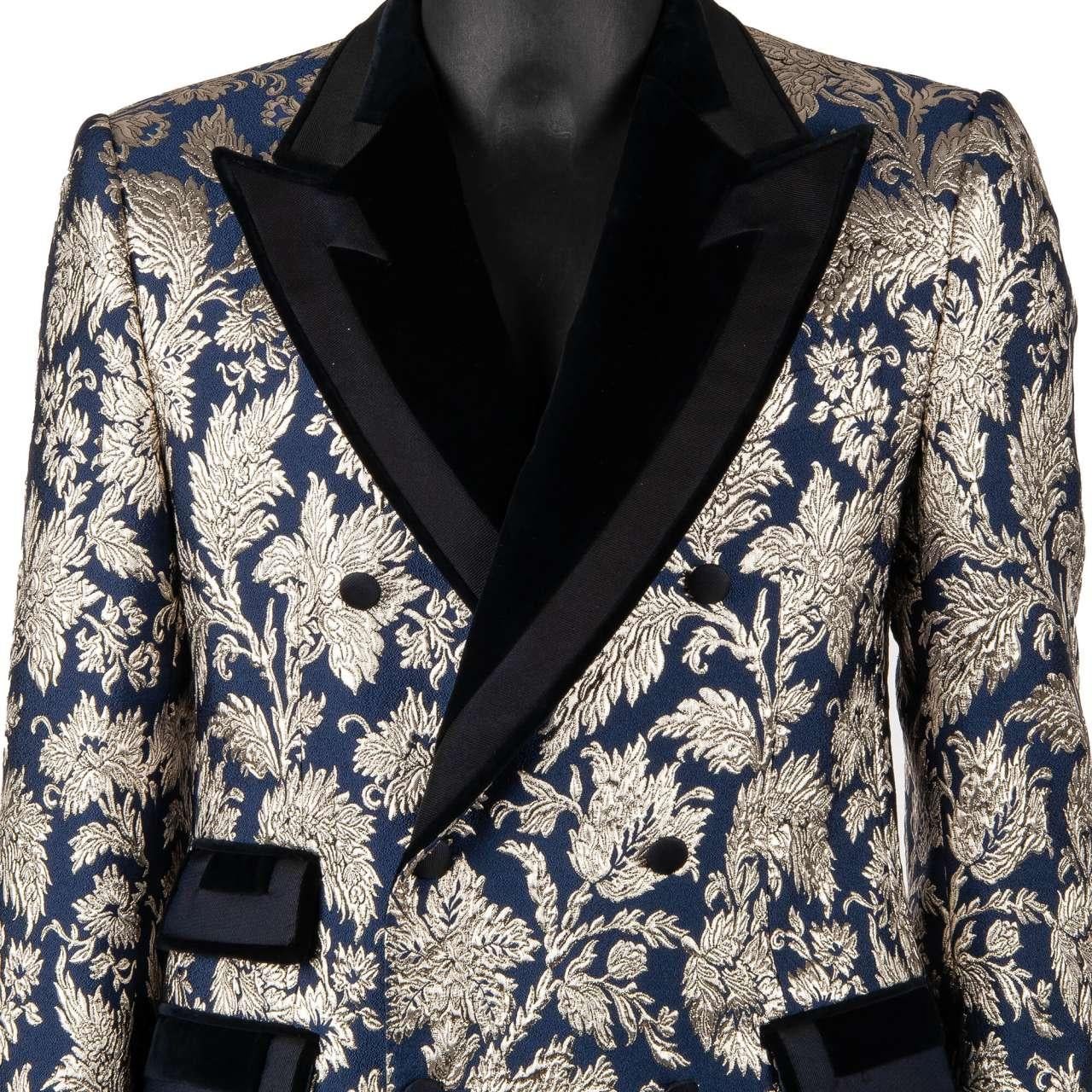 Dolce & Gabbana - Flower Jacquard Double breasted Suit Silver Blue 48 For Sale 2