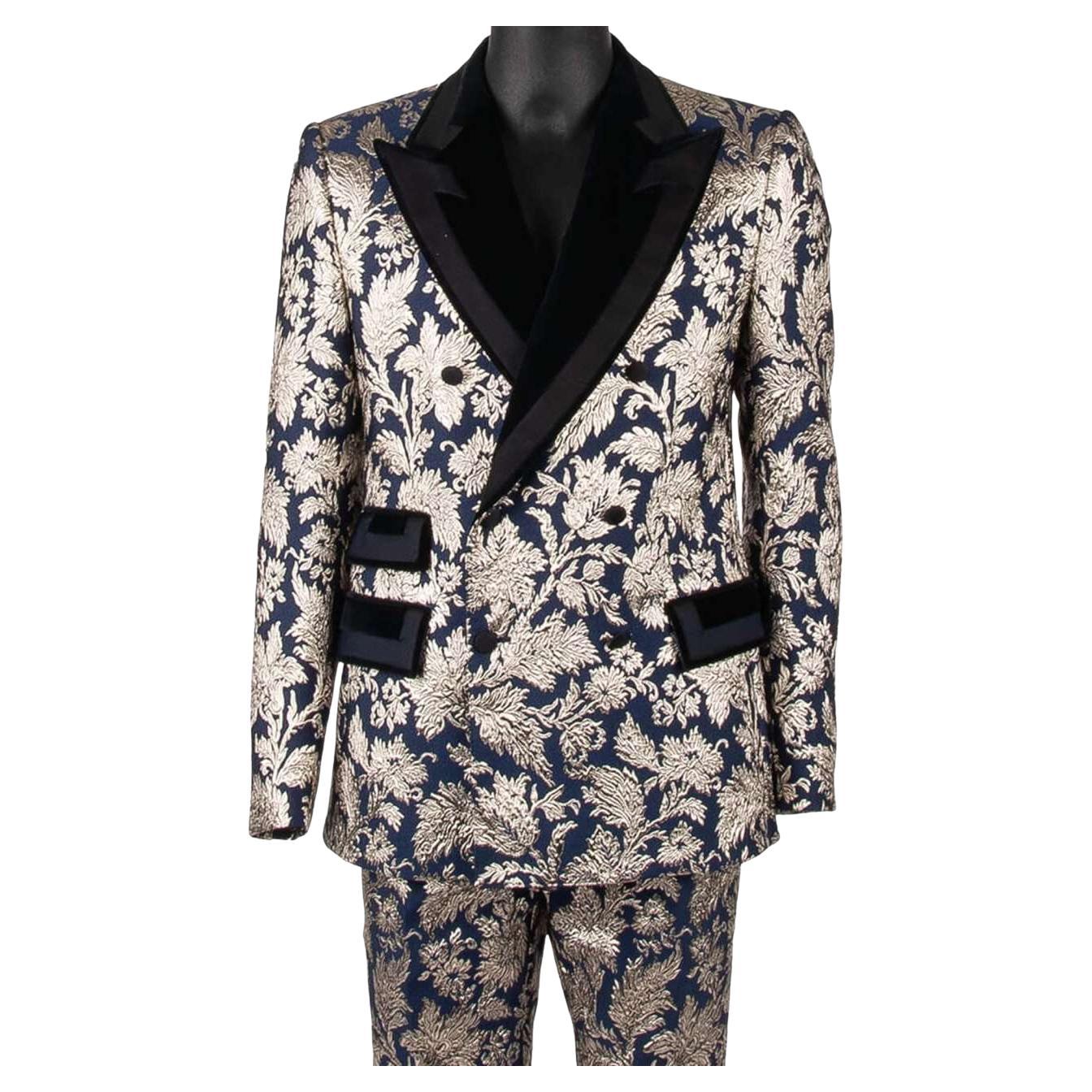 Dolce & Gabbana - Flower Jacquard Double breasted Suit Silver Blue 48 For Sale