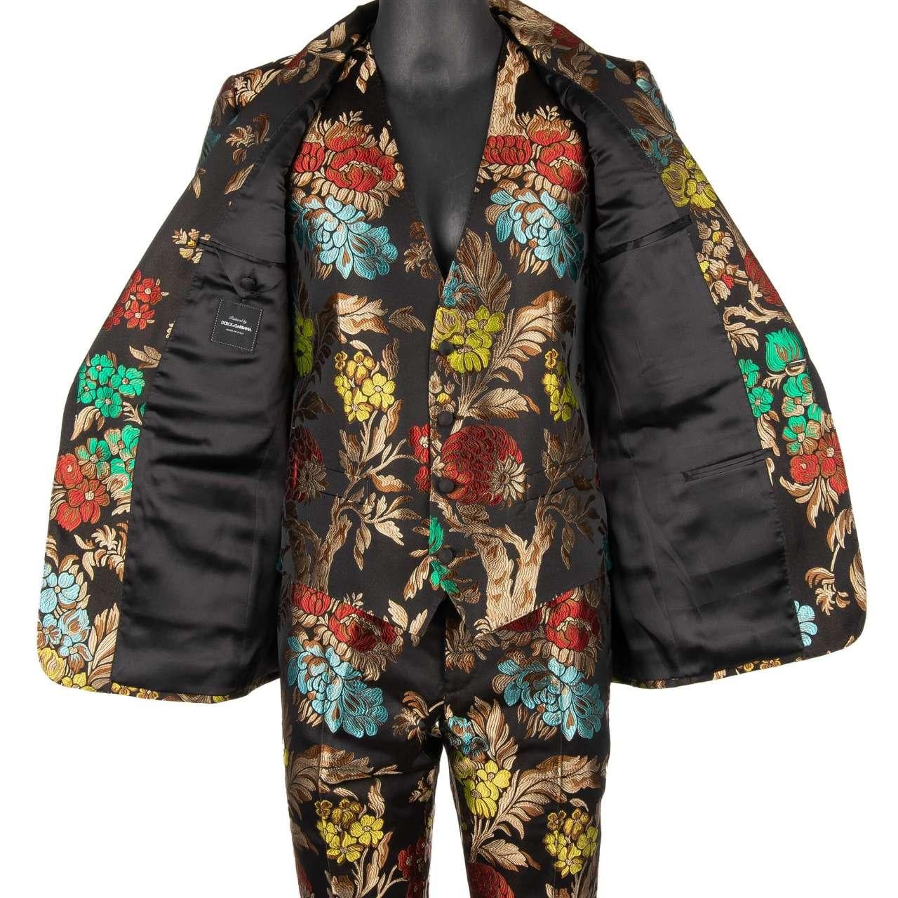 - Flower Jacquard 3 piece suit with shawl lapel in beige, blue, red, yellow, green and black by DOLCE & GABBANA - RUNWAY - Dolce & Gabbana Fashion Show - New with tag - MADE in ITALY - Slim Fit - Model: GK6YMT-HJMFB-S8350 - Material: 73% Acetate,