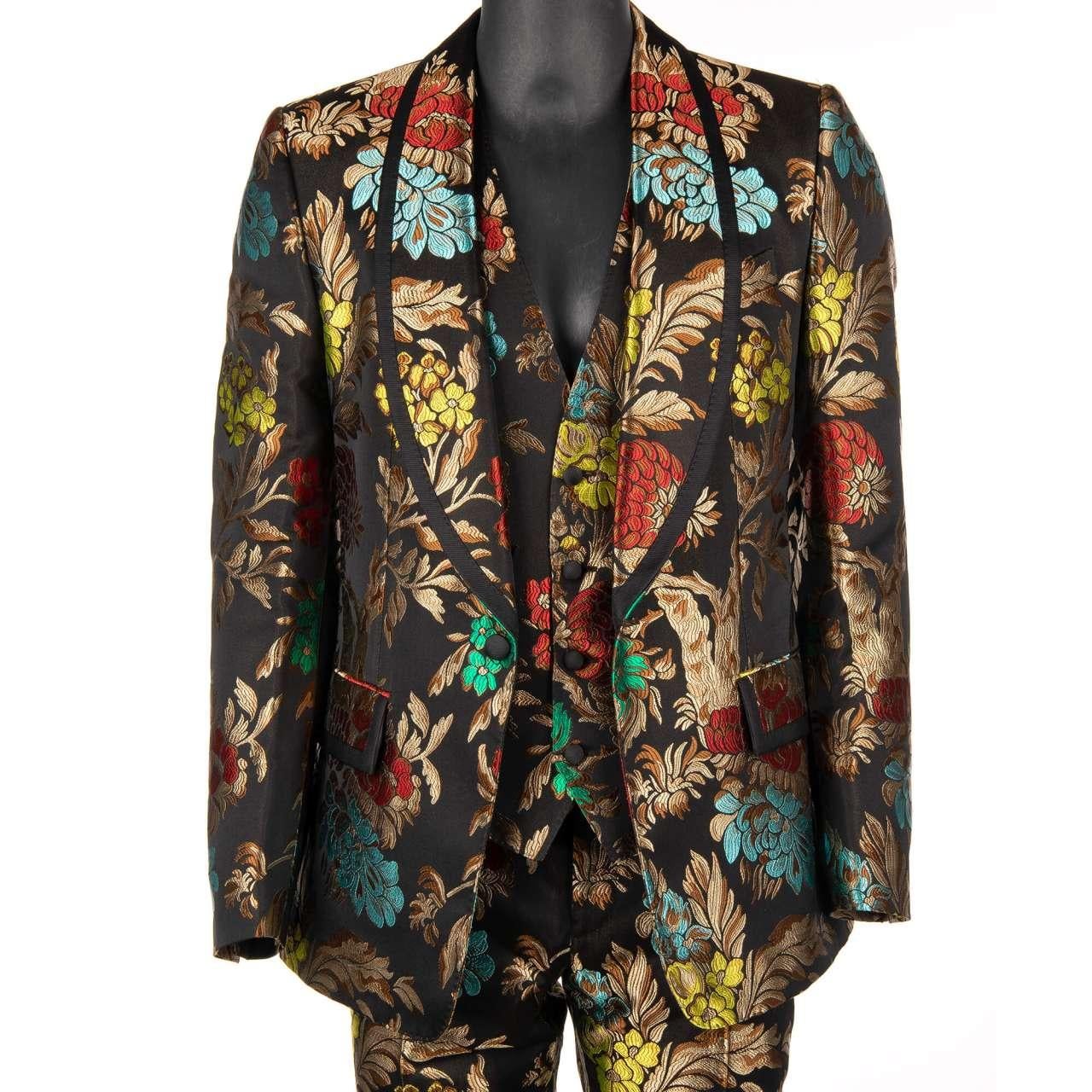 Dolce & Gabbana - Flower Jacquard Suit Jacket Waistcoat Black Blue Red 50 For Sale 4